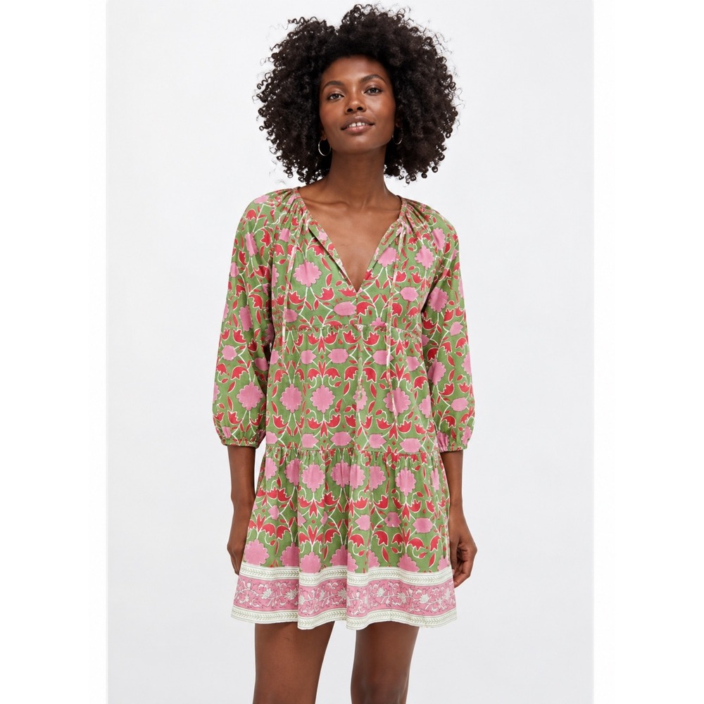SZ Blockprints Priya Dress Celery Lisbon Floral Tiered Mini Green 3/4 Sleeve S